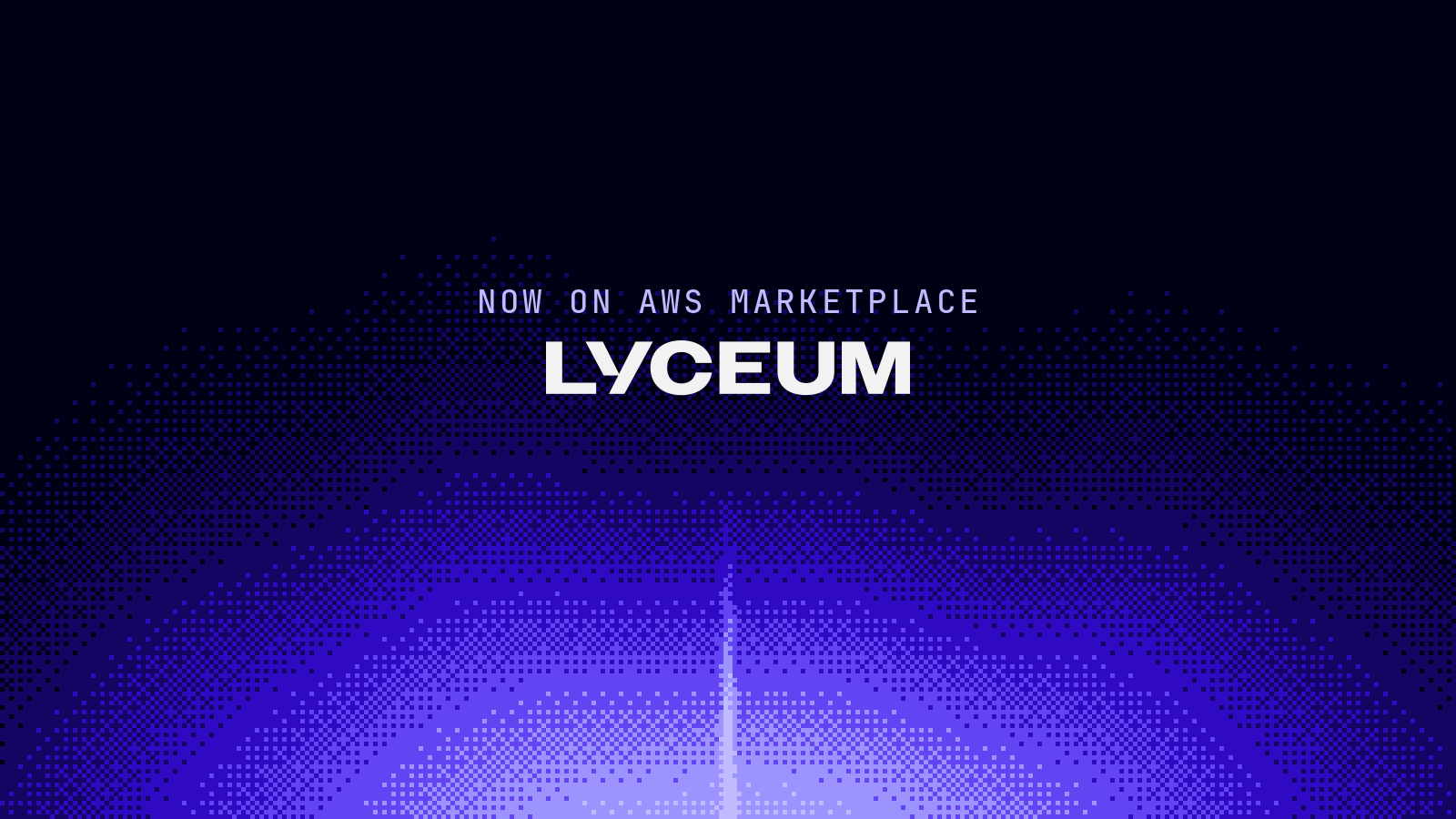 The words Now on AWS Marketplace above the Lyceum wordmark, over violet pixel light